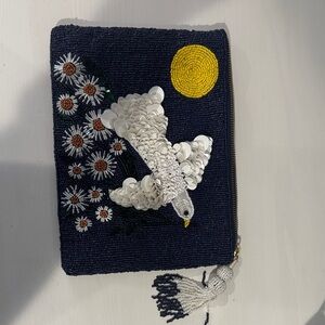 Anthropologie Navy Beaded Sequin Dove Clutch with Yellow Sun